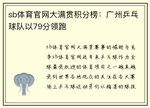 sb体育官网大满贯积分榜：广州乒乓球队以79分领跑